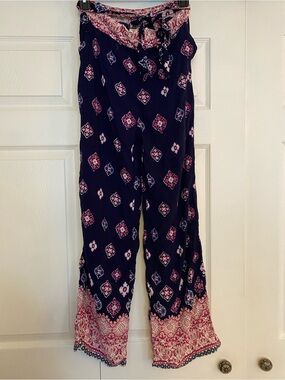 shosho Navy Wide-Leg Printed Pants with Pink Trim